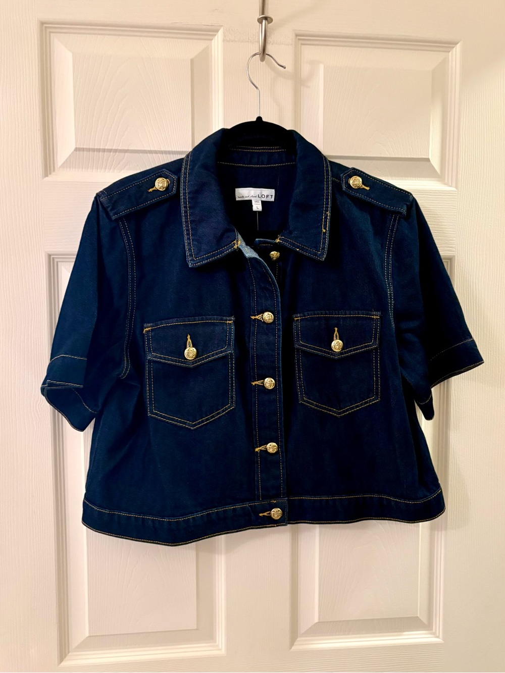 LOFT Navy Denim Short-Sleeve Jacket with Gold Stitching